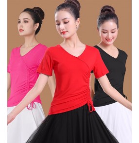 Women girls ballroom latin dance tops modern salsa rumba chacha tango waltz practice dance blouses shirts for lady side with draw string